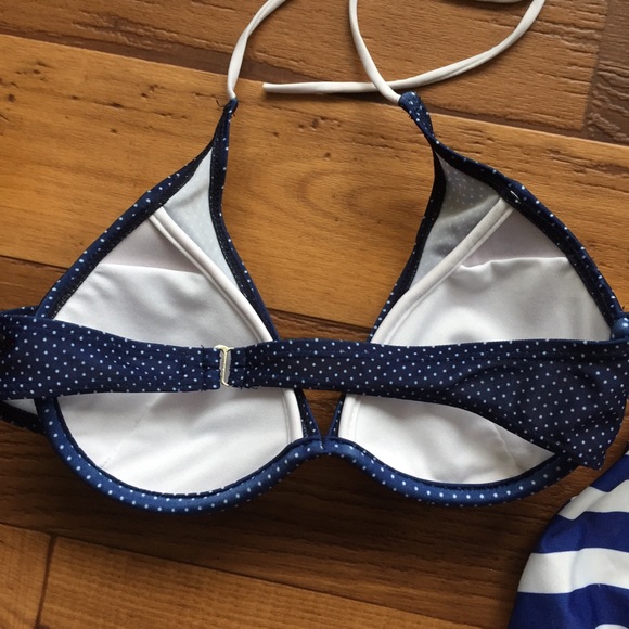 4 PC Swimsuit Bikini Tankini Blue White Striped - Picture 3 of 8